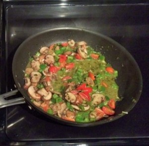 Mushrooms, green peppers, roma tomatoes and basil paste